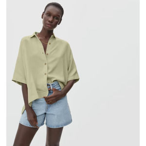 Everlane Top Womens S Green Sage The Drapey Square Shirt Button Up Short Sleeve